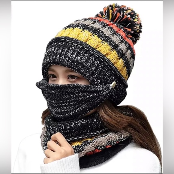Hat with Mask combo Black Multi Color Winter Hat Pom Pom Beanie Fleece lined - Picture 3 of 4